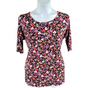 Agnes & Dora Floral Hi Lo Tunic Tee Womens L 3/4 Sleeve Black Red Purple NWT